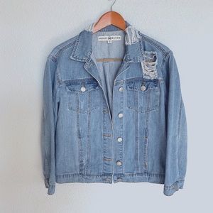 Ashley Mason Distressed Denim Jacket with Star Appliqué; Size Medium